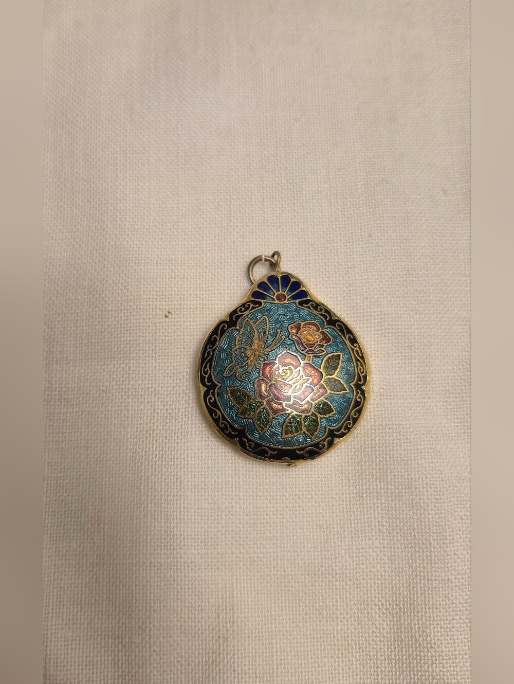 Floral Enamel Round Pendant Necklace in Teal and Pink